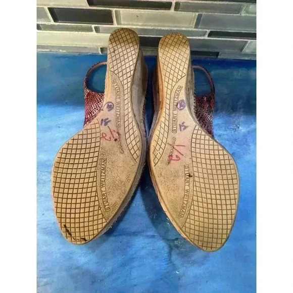 Stuart Weitzman Women’s 6.5 Red Snakeskin Peep Toe Sling Back Cork Wedge Heels - Picture 6 of 11